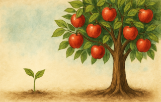 Illustration d’un pommier chargé de fruits, représentant la performance observable par opposition au potentiel invisible.